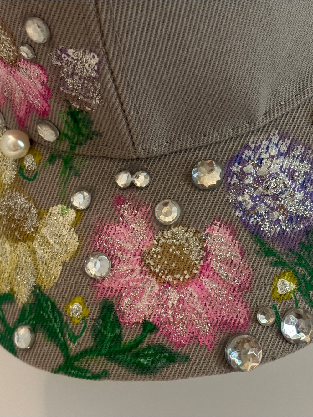 Embellished Floral Canvas Cap - Pink & Multicolor